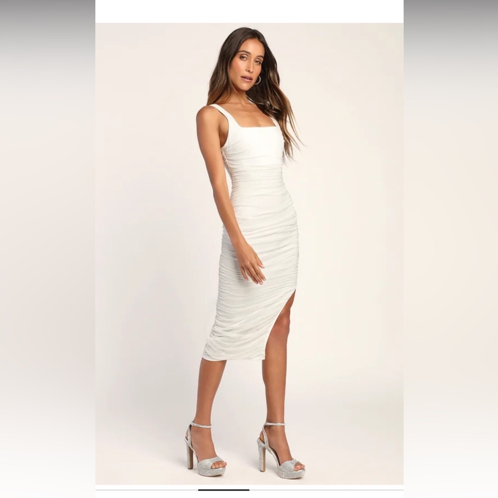 Lulus white mesh ruched bodycon midi dress